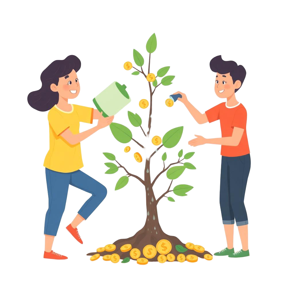 Two people growing a money tree representing affiliate investment growth